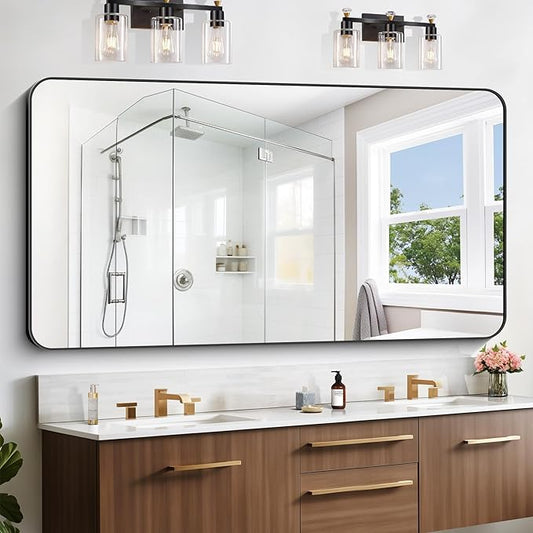 Large Bathroom Mirror 72x36 inch, Black Rectangle Mirrors with Metal Frame, Rounded Corner Rectangular Mirror for Bathroom, Oversized Wall Mounted Mirror for Over Sinks Living Room Bedroom