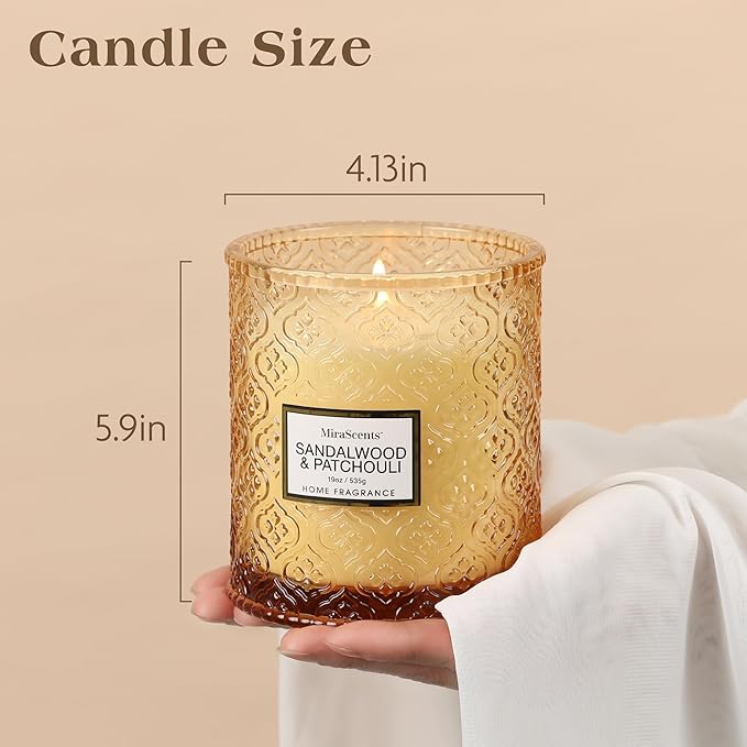 Sandalwood & Patchouli Scented Candles, 19oz Luxury Gifts for Women, Christmas Winter Decorative Glass Candles, Natural Soy Wax for Home Fragrance
