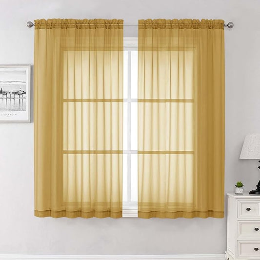 Lecloud Gold Sheer Curtains 63 Inch Length 2 Panels, Rod Pockets Window Treatments Light Filtering Bedroom Curtains for Living Room, Soft Home Drapes for Bathroom, Each Panel 59" W x 63" L