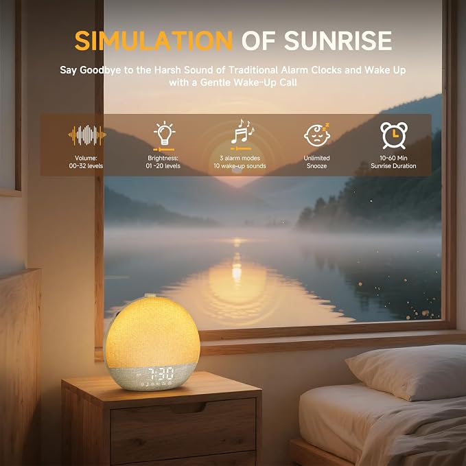 Geuuap Sunrise Alarm Clock White Noise Machine with Bluetooth Speaker,Khaki | 30 Soothing Sounds, 17 Dimmable lights, Simulated Sunrise, Backup Battery Memory, Auto-off Sleep Timer, Screen-Free Design - Image 3