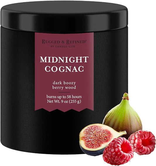 Candle-lite Rugged & Refined Scented Candle for Men, Midnight Cognac, 9 oz Tin, Poured in The USA, Masculine Fragrance, 1-Wick, 58 Hours of Burn Time, Ideal Gift for Man in Your Life & Father's Day
