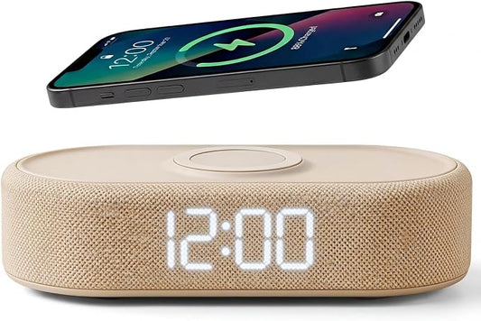 Fabric Digital Alarm Clock for Bedroom, Wireless Charging, Beige by Lumoday