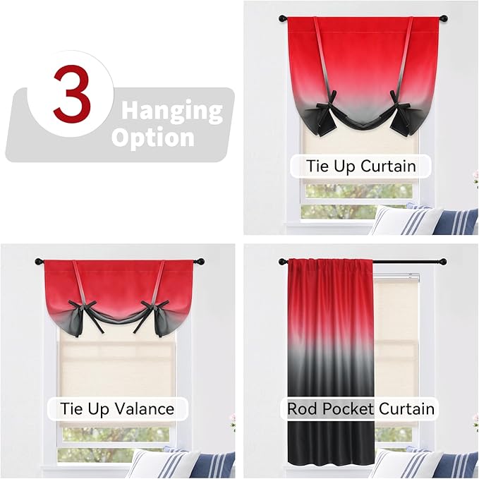 COSVIYA 100% Blackout Red and Black Adjustable Tie Up Curtains for Kitchen Thermal Insulated Room Darkening Valance Rod Pocket Balloon Roman Shade for Small Window,48" L x 42" W, 1 Panel