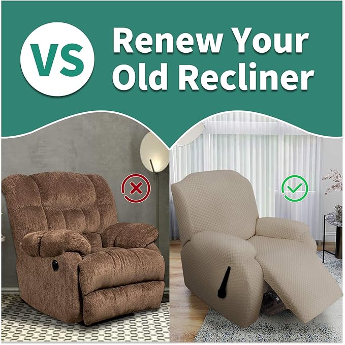 YEMYHOM 4 Pieces Stretch Recliner Slipcover Latest Jacquard Recliner Chair Cover with Side Pocket Anti-Slip Fitted Recliner Cover Couch Furniture Protector with Elastic Bottom (Recliner, Khaki)