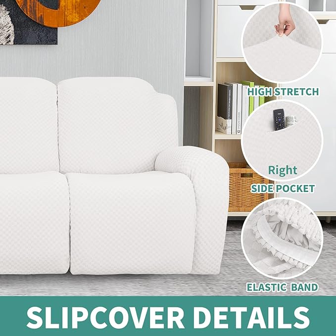 YEMYHOM 8 Pieces Stretch Recliner Sofa Cover Latest Jacquard Reclining Couch Cover with Side Pocket Anti-Slip Fitted 3 Cushion Furniture Slipcovers with Elastic Bottom (Sofa Recliner, White)