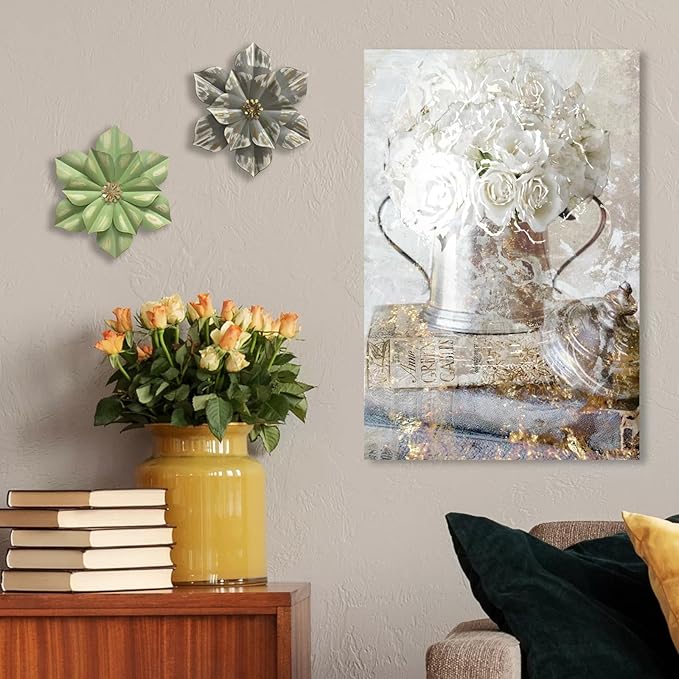 Metal Flower Wall Sculpture, 12.5" Rustic Modern Floral Artwork, Distressed 3D Layered Iron Flower Wall Hanging Accent for Indoor Kitchen Bedroom Living Room Office OutdoorGarden Patio Decor (Green)