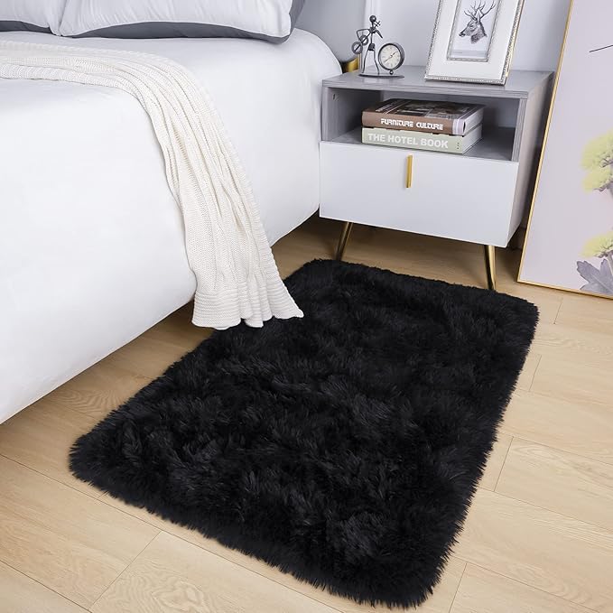 Noahas Door Mat Indoor Entrance,2x3 Shaggy Small Black Area Rugs for Entryway,Non-Slip Fluffy Entry Bedroom Rug,Soft Plush Bedside Throw Kids Carpet