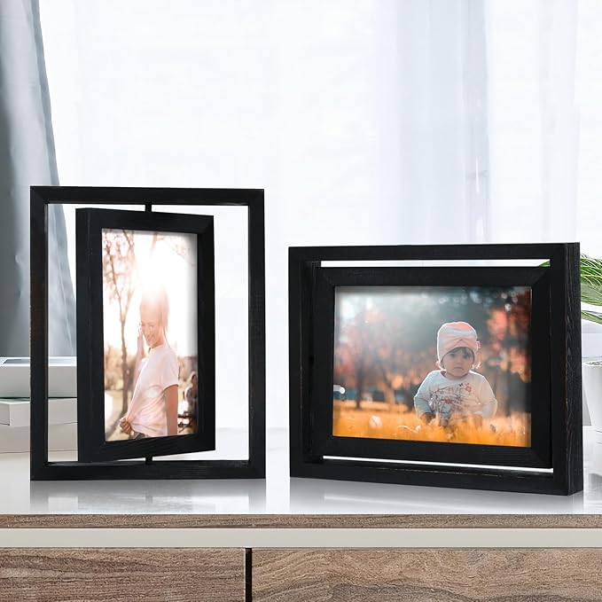Egofine 2 Pack 6x8 Rotating Floating Picture Frames,Double-Sided Display with HD Glass Front Wooden Distressed Frame for Vertical or Horizontal Tabletop Display, Black