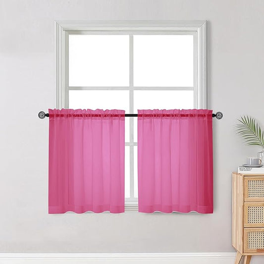 OWENIE Short Hot Pink Sheer Curtains 30 Inch Length 2 Panels Set, Kitchen Curtains Tiers Light Filtering Rod Pocket Cafe Curtain for Basement Bathroom Small Half Window, 42" W x 30" L, Hot Pink