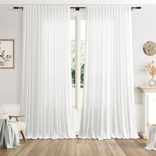 Off White Large Window Curtains Light Filtering Semi Sheer Privacy Linen Textured Curtain for Patio Sliding Glass Door Extra Wide Rustic Farmhouse Drapes for Living Room Bedroom Sunroom 100x90 Inch