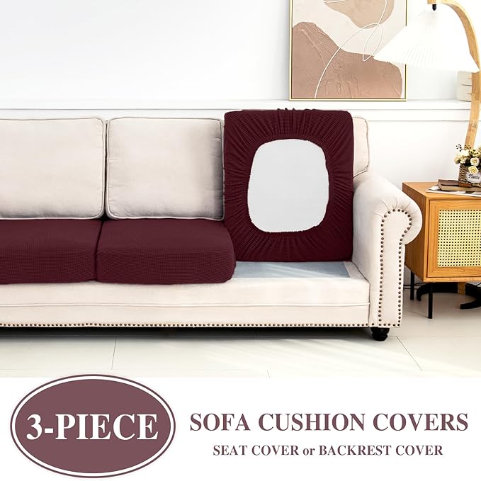 LA MEACK Couch Cushion Covers Seat Cushion Cover Stretch Couch Cover Separate Sectional Sofa Slipcovers Furniture Protector(3 Pieces for Seat or Sofa Backrest, Burgundy)