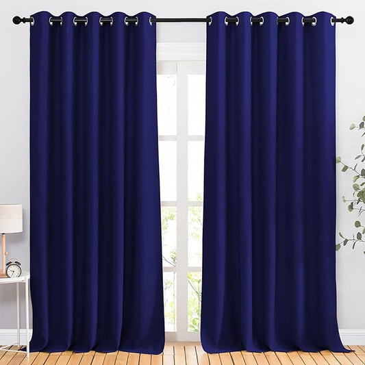 NICETOWN Bedroom Blackout 110 inch Curtains for Sliding Glass Door, Grommet Thermal Insulated Solid Window Treatments Sound Reducing for Living Room, W66 x L110, Navy Blue, Set of 2