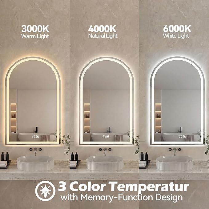 Sweetcrispy 24“×32” LED Bathroom Backlit Mirror with Lights, Arched Vanity Mirror with Anti-Fog, Dimmable, 3-Color Light, Memory Function, Tempered Glass