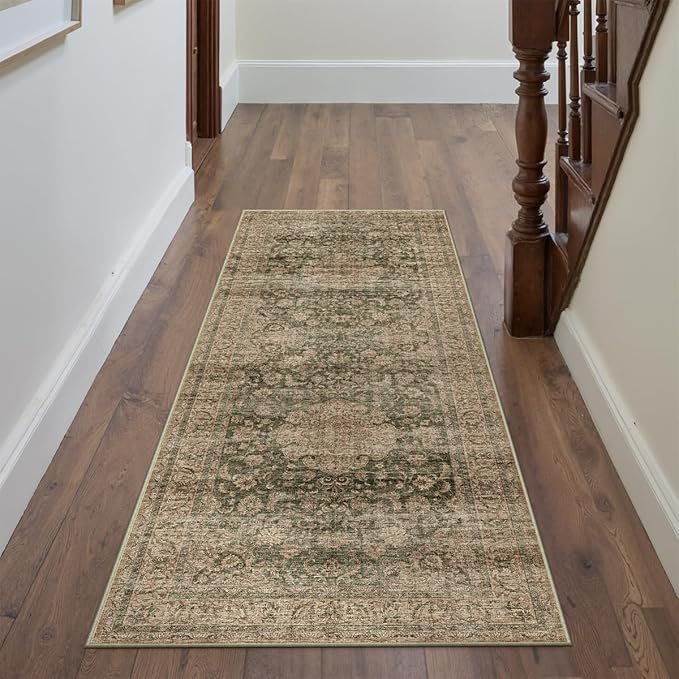 2x6 Washable Runner Rug Green Brown Vintage Non Slip Soft Low Pile Hallway Kitchen Rug Distressed Oriental Carpet for Laundry Bathroom Bedroom Living Room Home Decor