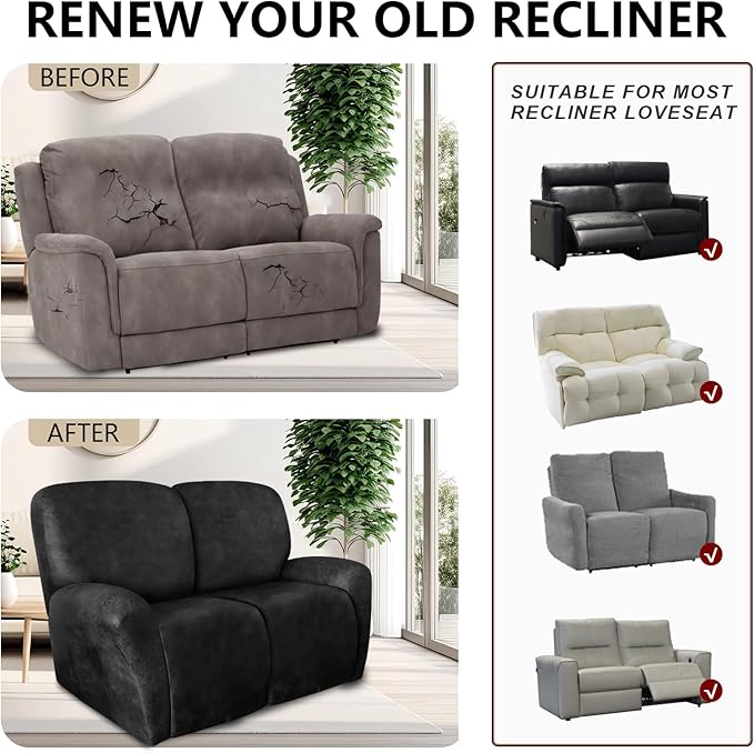 ANARACHON Loveseat Recliner Cover Leather Look Recliner Loveseat Covers Recliner Sofa Cover for 2 Seater Reclining Couch Spandex Fabric Washable 6 Pieces (2 Seater, 02 Dark Gray)