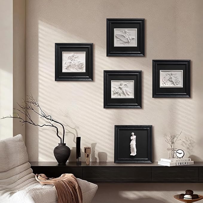 FOLKOR LIFE Framed Black and White Wall Art Sculpture Cherub Angels, Cupid Wall Art Romantic Love Wall Decor Classical Greek Mythology Framed Plaster Relief Sculpture for Bedroom Living Room