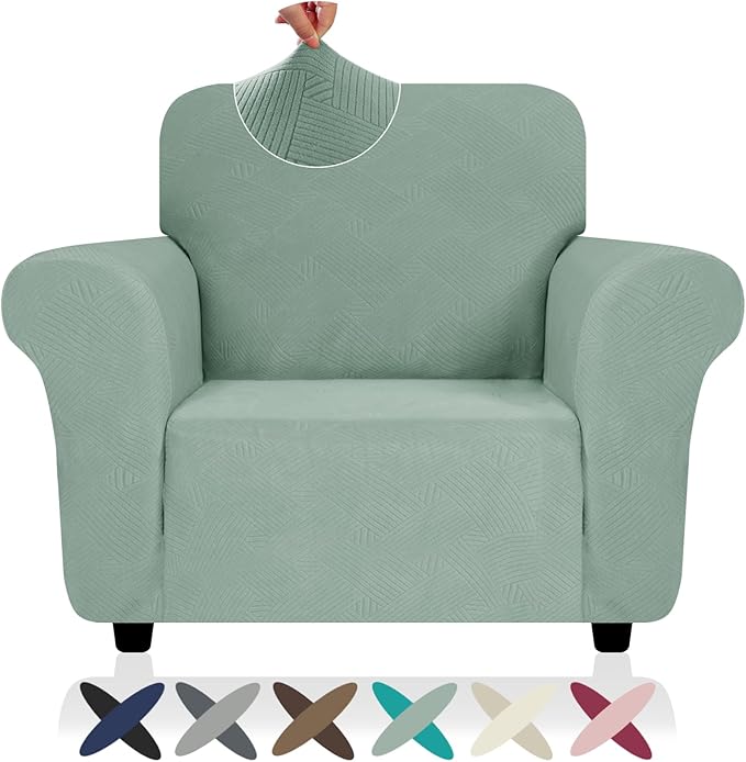 ZNSAYOTX Super Stretch Chair Slipcover (30"-47"), New Striped Sofa Chair Covers for Living Room, Dogs Pet Friendly Anti-Slip Chair Protector Spandex Armchair Slipcovers (Pea Green, Chair)