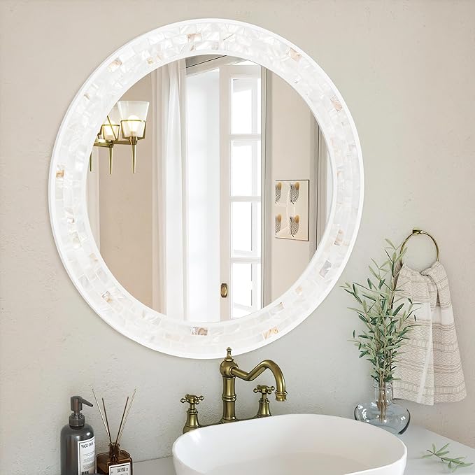 Tanmicoshomy Round Wall Mirror 24 Inch,Circle Mosaic Mirror with Natural Mother of Pearl and Wood Frame, Decorative Coastal Round Wall Mirror for Bathroom Bedroom Living Room Entryway