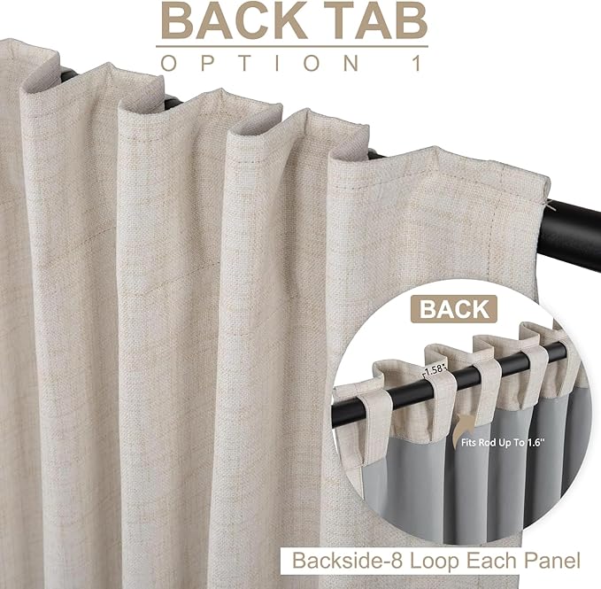 100% Blackout Shield Linen Blackout Curtains for Bedroom 108 Inches Long, Back Tab/Rod Pocket Living Room Drapes, Thermal Insulated Blackout Curtains 2 Panels Set, 50" W x 108" L,Cream