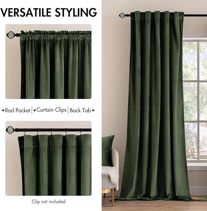 MIULEE Velvet Curtains 66 Inch Wide - Extra Wide Luxury Room Darkening Curtains for Sliding Door Bedroom Living Room Thermal Insulated Window Drapes Back Tab, Olive Green, W 66 x L 96 inch 2 Panels