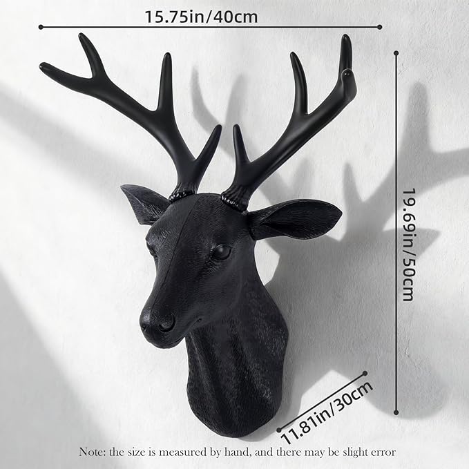 Notakia 20 inch Large Wall Charmers Black Faux Deer Head Faux Taxidermy Animal Head Wall Decor - Handmade Farmhouse Decor - Rustic Wall Decor Deer Antlers