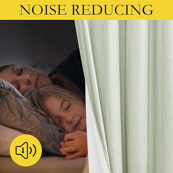 NICETOWN 100% Absolutely Blackout Linen Curtains with Thermal Insulated White Liner, Sage Green, W52, 2 Pieces, Noise Reducing Textured Linen Look Curtains for Windows 92 inch Length for Classroom