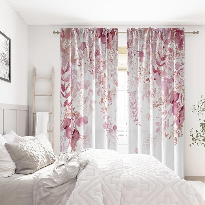 Pink Floral Leaf Sheer Curtains for Girls Bedroom, Botanical Farmhouse Light Filtering Privacy Semi-Sheer Cute Light Pink Curtains for Kids Nursery 84 Inches Long 2 Panels,Rod Pocket,Each 52 Inch Wide