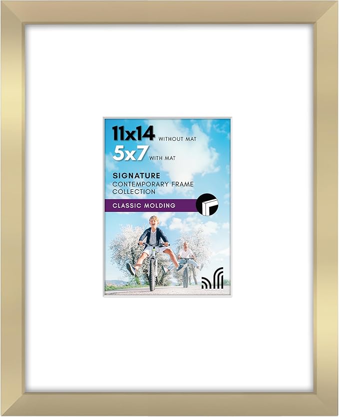 Americanflat 11x14 Picture Frame with Shatter-Resistant Glass - Use as 5x7 Frame with Mat or Display 11x14 Photo Without Mat - Signature Collection - Picture Frames for Wall Display - Gold