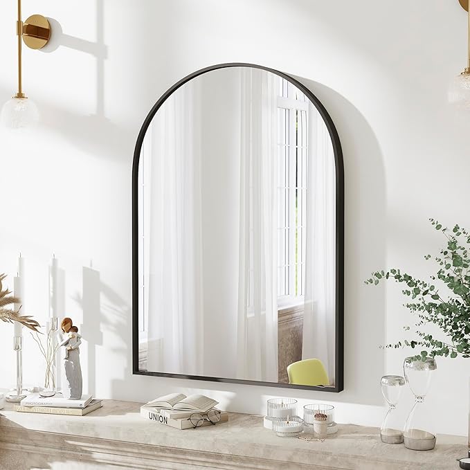 SCWF-GZ 30x20 Arch Mirror Rectangle Wall Mounted Hanging or Against Wall Aluminum Alloy Metal Frame Dressing Make-up Mirrors for Entryway Bedroom Bathroom Living Room 30 20 inch Black