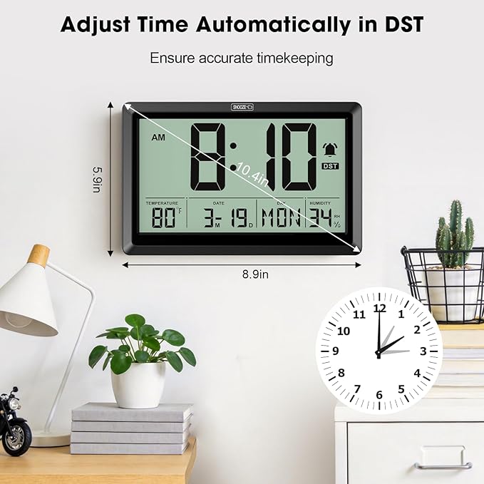 10.4'' Digital Wall Clock Battery Operated with Date/Temp/Week, Touch Snooze Function, Alarm, Temperature & Humidity - Easy to Read and Set, Auto DST