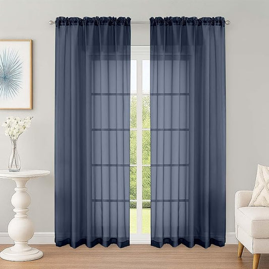 OWENIE Sheer Curtains 84 Inches Long 2 Panels Set, Sheer Navy Blue Curtains for Living Room Bedroom 59 Inch Extra Wide, Modern Voile Filmy Rod Pocket Drapes, 2 Pcs, Each 59 W x 84L, Navy Blue