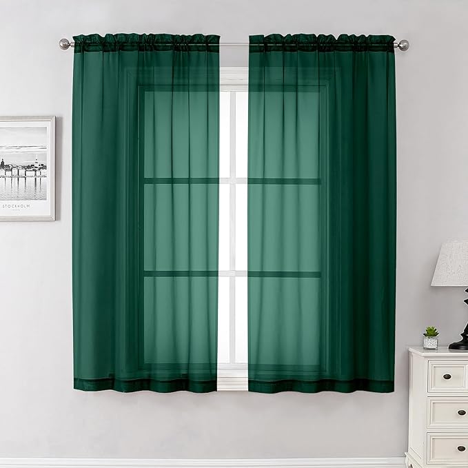 Lecloud Hunter Green Sheer Curtains 63 Inch Length 2 Panels Set, Voile Solid Window Curtains for Bedroom Light Filtering Living Room Drapes with Rod Pocket, Each Panel 42 X 63 Inch