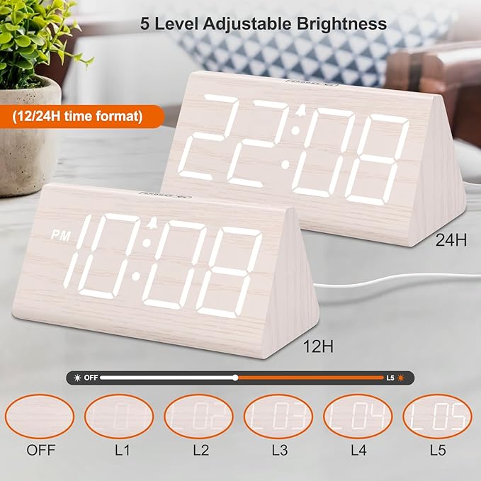 DreamSky Wooden Digital Alarm Clock for Bedroom - Living Room Desk Clock with Large Numbers, Bedside Nightstand Clock with USB Port, Adjustable Volume, Dimmer, DST, Office Wood D??cor, Adapter Powered