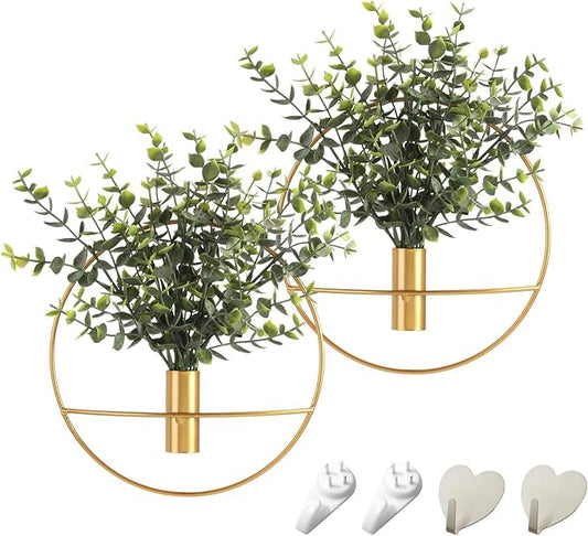Pretty Jolly Wall Decor Metal Vase Decoration Holder, Mounted Artificial Flowers, Golden Fake Wheat 2 Pack, Art Artificial Greenery, Farmhouse, Boho