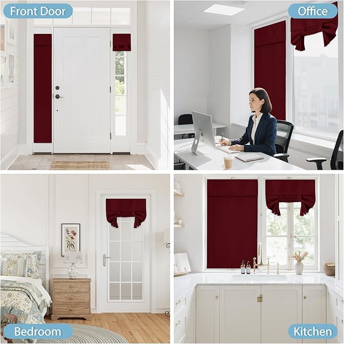 RYB HOME Blackout French Door Curtain - Privacy Thermal Insulated Window Shades for Patio Kitchen Front Entry Back Door Glass Window, Self Adhesive No Drill, 1 Panel, 26" W x 40" L, Burgundy Red