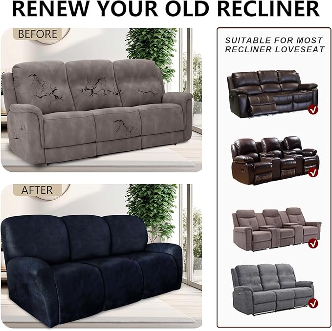 ANARACHON Recliner Couch Cover Leather Look Recliner Sofa Covers for 3 Cushion Reclining Sofa Slipcovers 8-Pieces Furniture Protector Spandex Fabric Washable (3 Seater, 02 Navy)