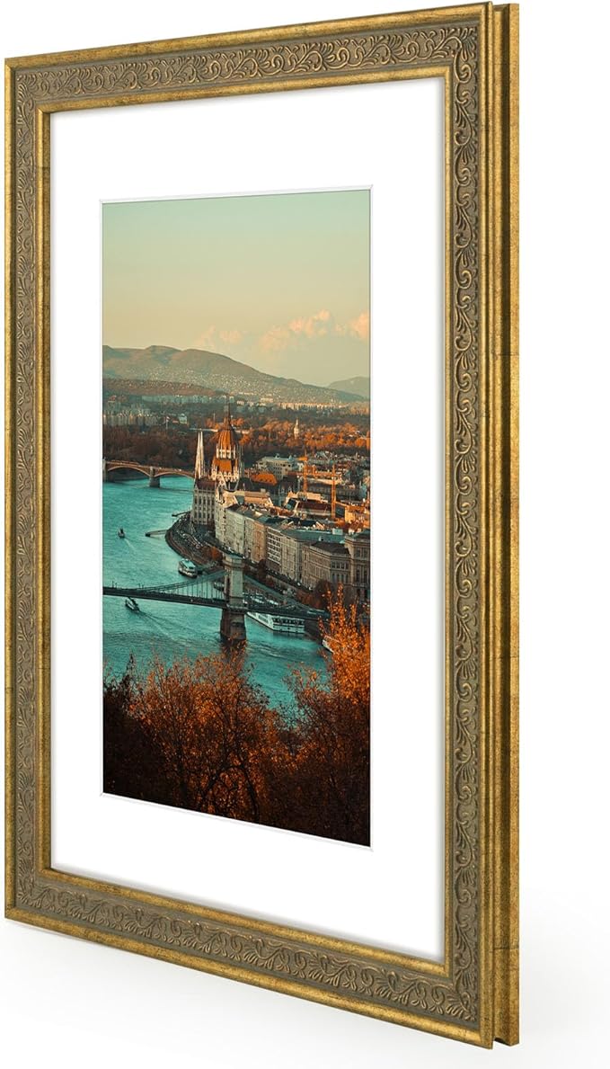 Golden State Art, 12x16 Ornate Finish Photo Frame with White Mat for 8x12 Picture & Real Glass. Color: Distressed Gold