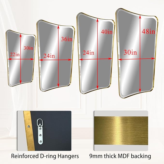 POZINO Brushed Gold Beveled Mirror, 30"x48" Irregular Aesthetic Floor Mirrors, Bathroom Vanity Mirror with Stainless Steel Frame, Butterfly Shape Wall Mirrors for Living Room Bedroom Hallway Entryway
