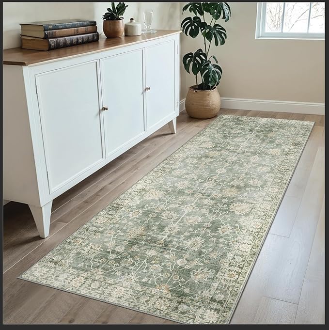 GENIMO Runner Rug for Hallways Machine Washable, 2x8 Non Slip Boho Vintage Lightweight Washable Runners, Thin Floor Rugs for Entryway Hallway Bathroom Laundry Room Corridor, Light Sage