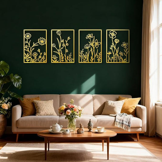 Sokurdeg Gold Metal Flowers Wall Decor, Minimalist Floral Metal Wall Hanging Art for Bedroom Bathroom Living Room (4 Pcs, 12 x 17 in)