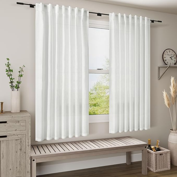 Nanspring White Linen Curtains for Living Room 62 Inch Length Neutral Modern Farmhouse Window Curtain Semi Sheer Light Filtering Privacy Back Tab Rod Pocket Drapes for Bedroom 2 Panels Set 52x62