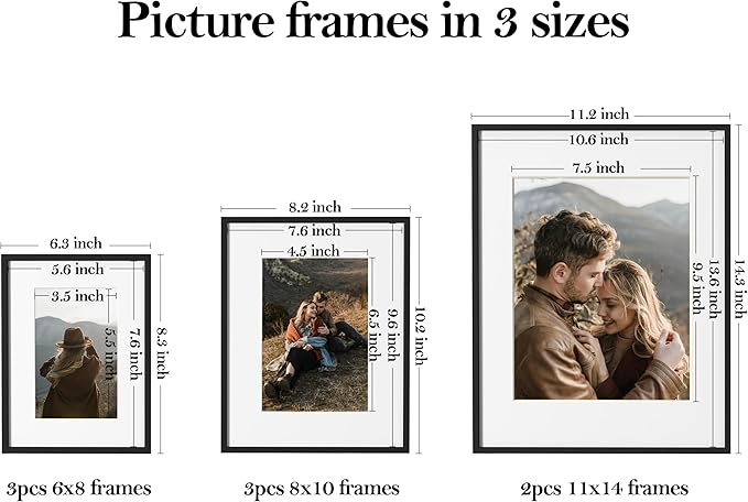 eletecpro Aluminum Gallery Wall Frame Set of 8, Including 2Pcs 11x14, 3Pcs 8x10, 3Pcs 6x8 Photo Frames for Wall or Tabletop Display, Multiple Sizes Picture Frames Collage Wall Decor, Black