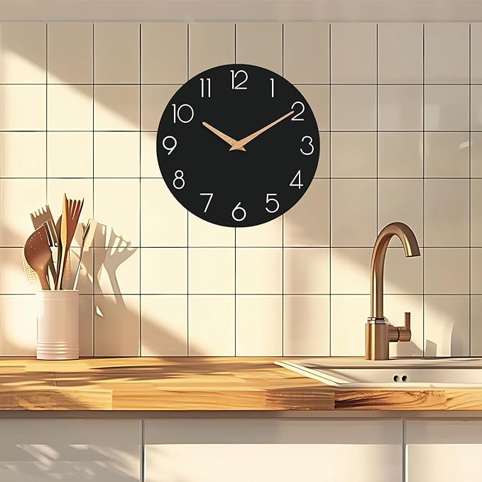 Wall Clock, 10 Inch Wooden Silent Non-Ticking, Decorative Battery Operated Wall Clocks for Bedroom, Kitchen, Home, Living Room, Office, School, Hotel (Black)