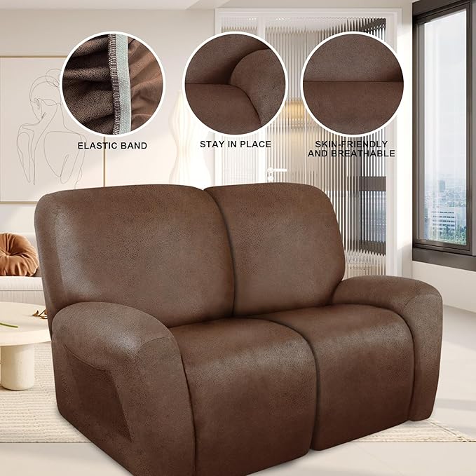ANARACHON Loveseat Recliner Cover Leather Look Recliner Loveseat Covers Recliner Sofa Cover for 2 Seater Reclining Couch Spandex Fabric Washable 6 Pieces (2 Seater, 01 Brown)