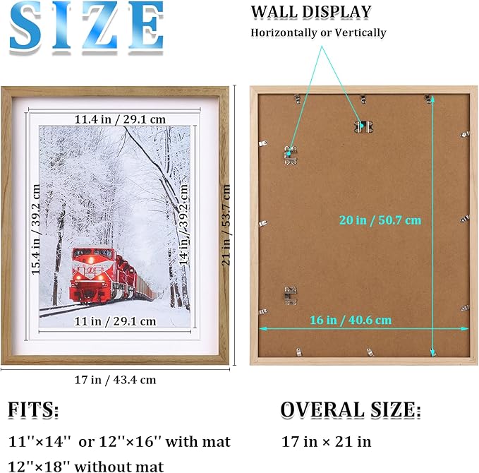 Egofine 16x20 Poster Frame Set of 2 Solid Wood Frame with Plexiglass Matted for 11x14/12x16 for Wall Mounting Hanging Picture Frame Vertically or Horizontally, Carbonization