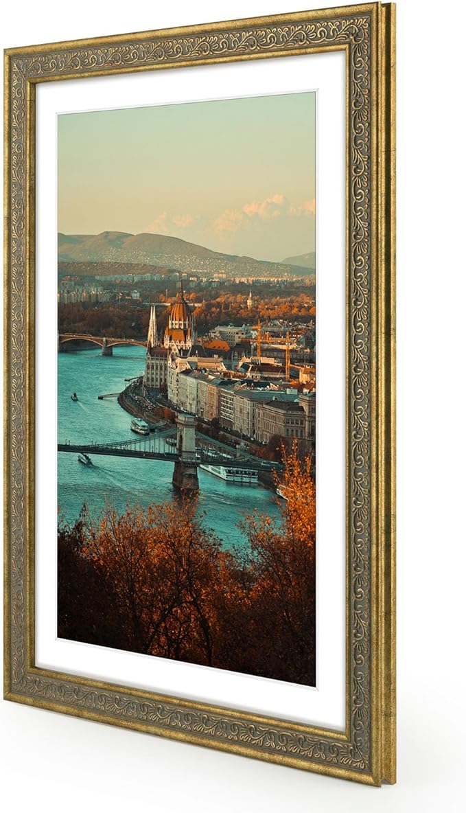 Golden State Art, 13x19 Ornate Finish Photo Frame with White Mat for 11x17 Picture & Real Glass. Color: Distressed Gold