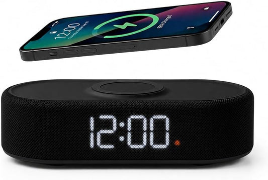 Fabric Digital Alarm Clock for Bedroom, Wireless Charging, Black by Lumoday