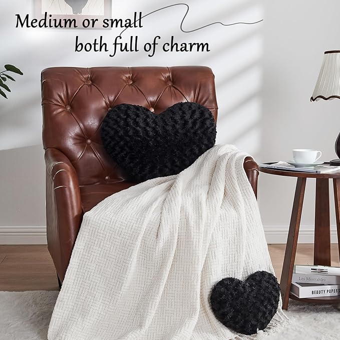 Heart Pillow Black Throw Pillows, Soft Fluffy Decorative Pillows for Bed Couch Chair, Cute Heart Shaped Room Decor Gifts for Valentine Anniversary Birthday Mothers Christmas (Small, 13"x10")
