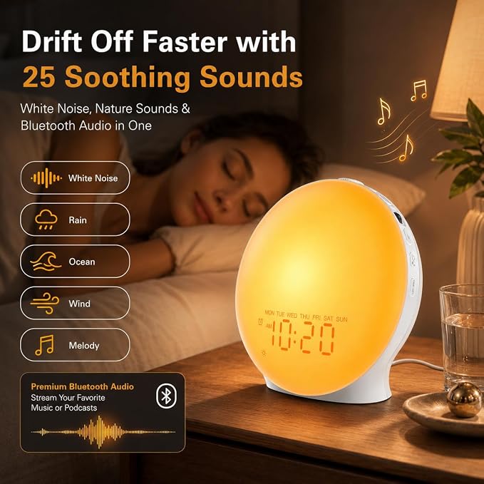 JALL Sunrise Alarm Clock White Noise Machine with 25 Nature Sleep Sounds, Fully Dimmable Clock for Bedrooms, Heavy Sleepers, 17 Light Modes, Bluetooth Speaker - Image 3
