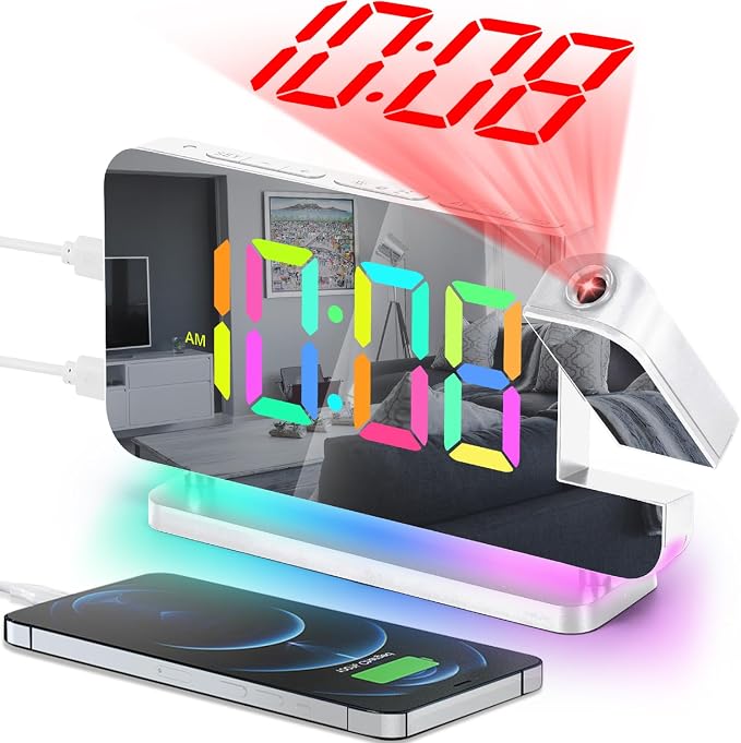 SZELAM Projection Alarm Clock,7.4" LED Mirror Digital Clocks Large Display,with 180° Rotatable Projector,RGB Night Light,USB C Port,Auto Dimming,Modern Desk Clock for Bedroom Decor - White by SZELAM